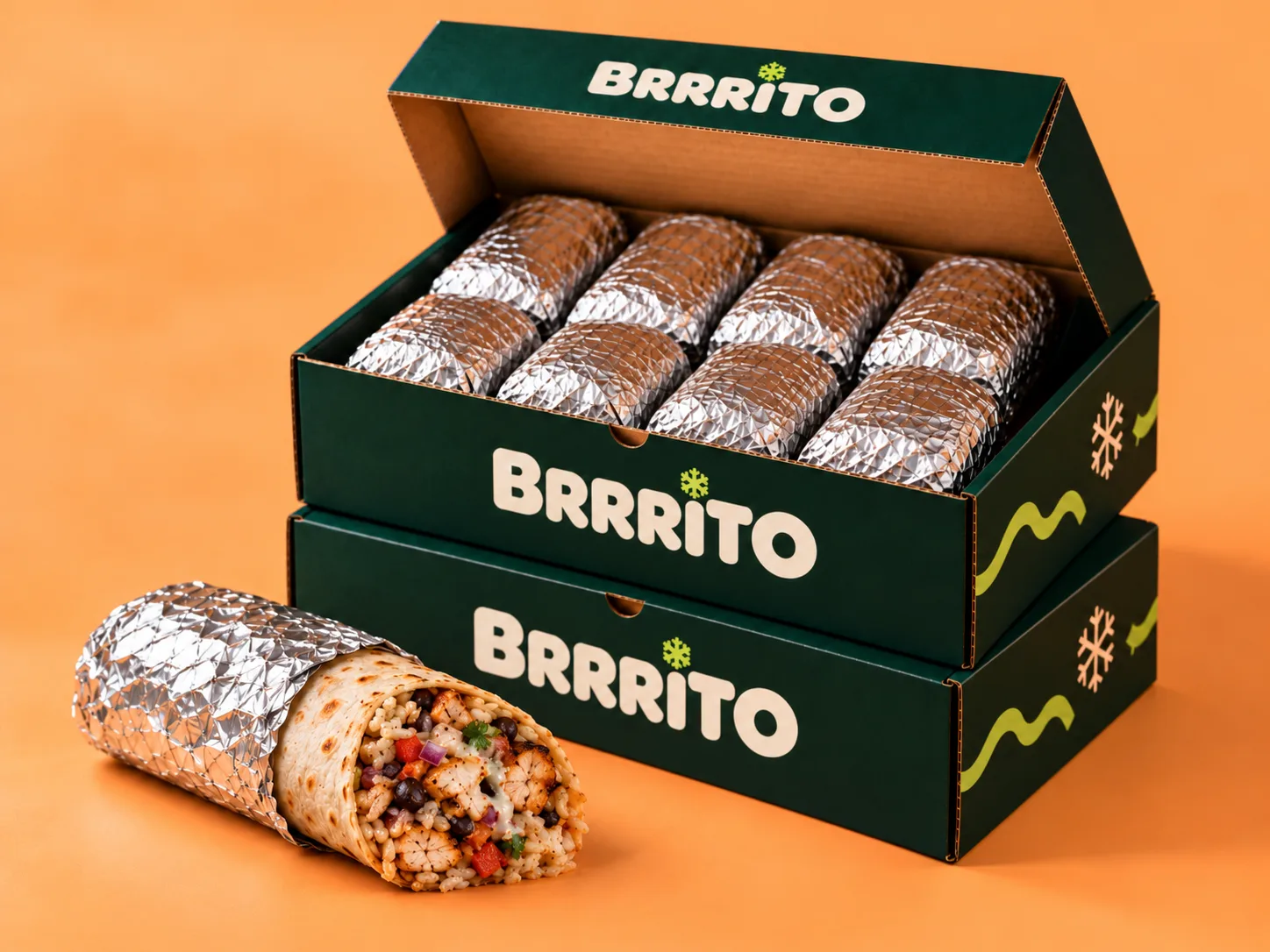 Two BRRRITO boxes of foil-wrapped burritos, with one burrito cut open in front